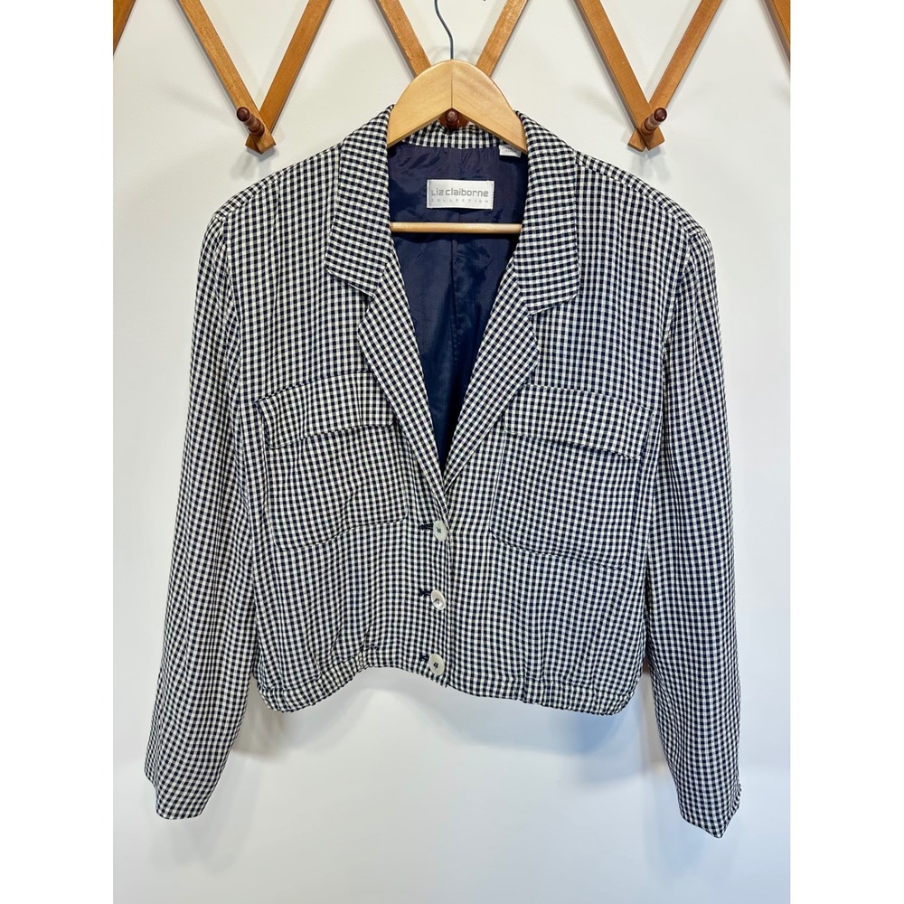 Vintage 90s Navy Gingham Cropped Jacket Liz Claiborne Collection Blazer 10